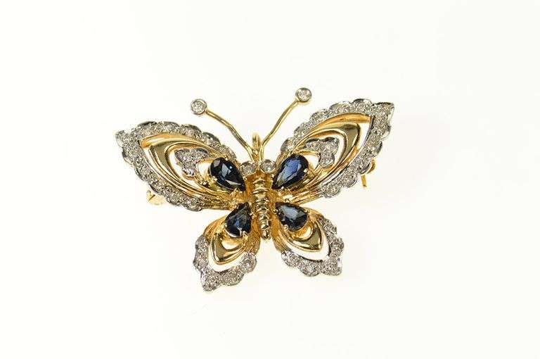 14K Yellow Gold Ornate Sapphire Diamond Butterfly Pin/Brooch