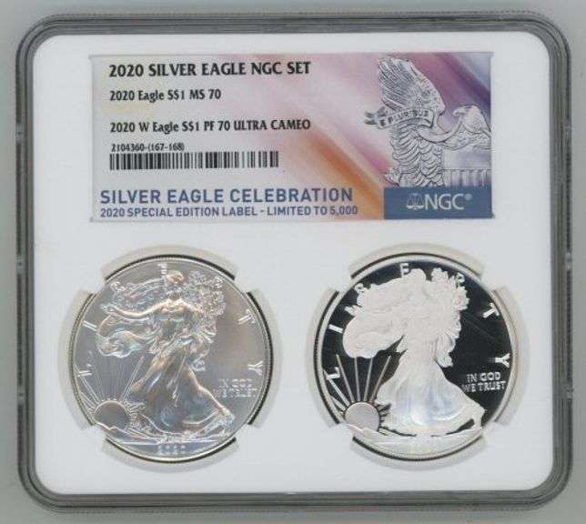 Perfect 2020-W PRF Silver Eagle and 2020 BU $1. NGC PF70 & MS70 2-Coin Set