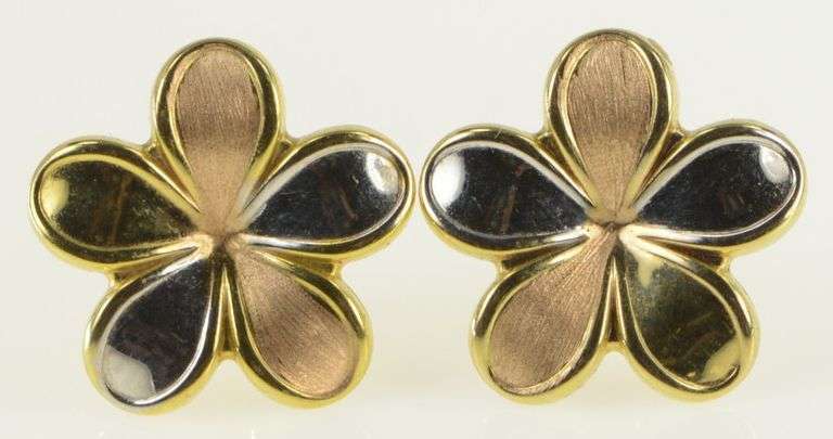 14K Yellow Gold Tri Tone Vintage Plumeria Flower Stud Earrings