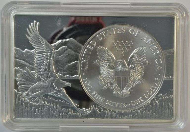 Special 2 Troy Oz pure silver with a 2018 $1 Silver Eagle encased in 1 Troy Oz