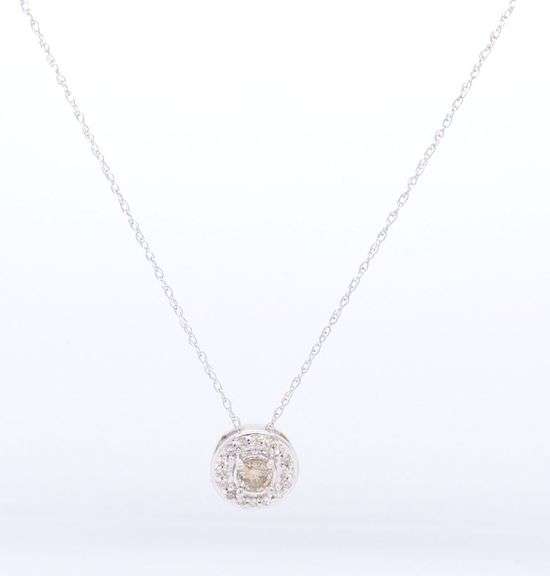 14kt White gold top light brown and white diamond halo pendant on chain necklace