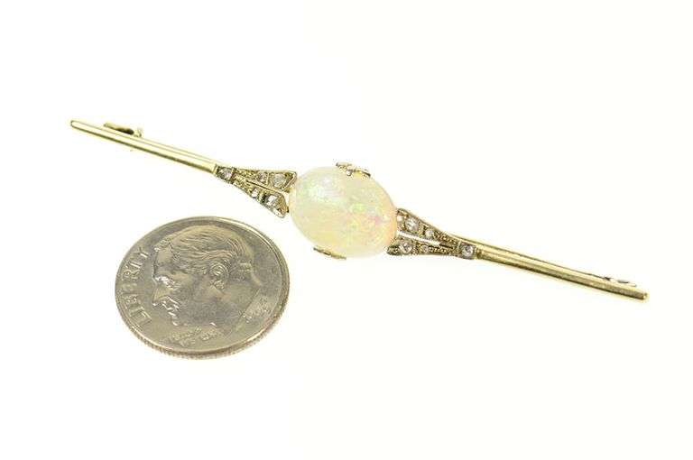 14K Yellow Gold Oval Natural Opal Victorian Diamond Bar Pin/Brooch