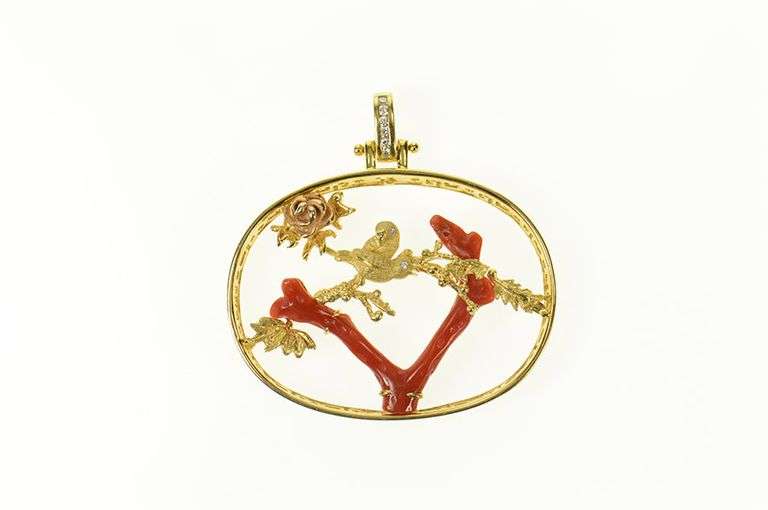 18K Yellow Gold Denny Wong Coral Tree Diamond Birds Oval Pendant