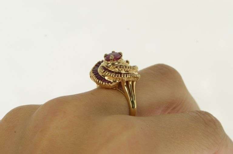 14K Yellow Gold Oval Natural Ruby Swirl Halo Cocktail Ring