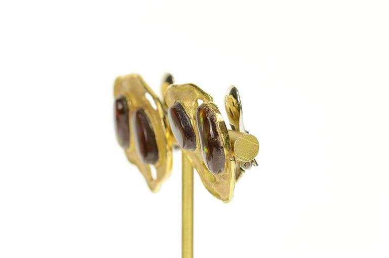 18K Yellow Gold Fire Agate Abstract Retro Artisan Clip Back Earrings