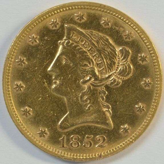 Scarce very high grade 1852 No Motto $10 Liberty Gold. Unc Details