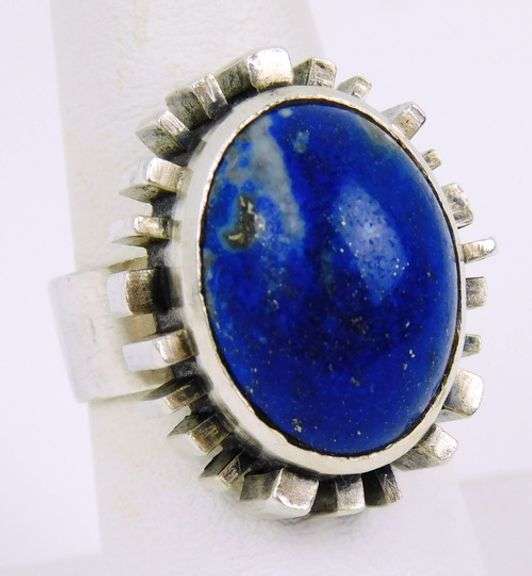 Big Carved Sterling Lapis Ring, Size 7.75