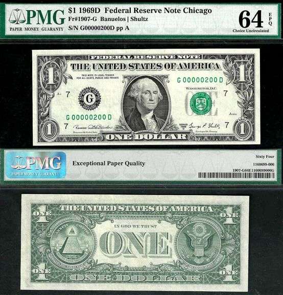 $1 1969-D FRN =SERIAL # 200 = 00000200= LOW + FANCY SERIAL = PMG Ch Unc 64EPQ