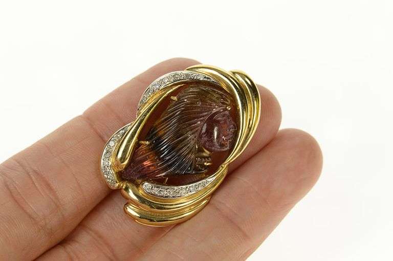14K Yellow Gold Carved Tourmaline Cameo Diamond Swirl Pendant/Pin