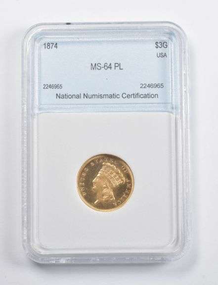 MS64 PL 1874 $3 Indian Princess Head Gold Three Dollar Piece NNC