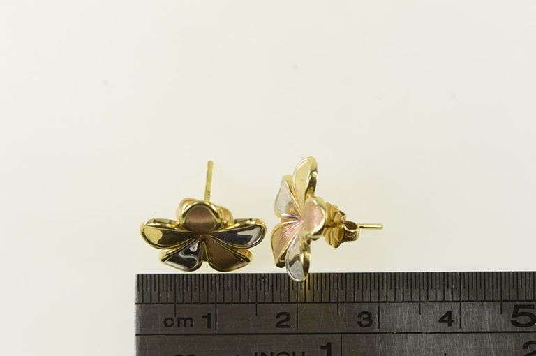 14K Yellow Gold Tri Tone Vintage Plumeria Flower Stud Earrings