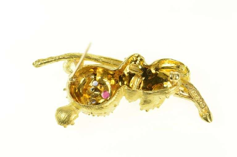 18K Yellow Gold Diamond Sapphire Ruby Koala on Tree Retro Pin/Brooch