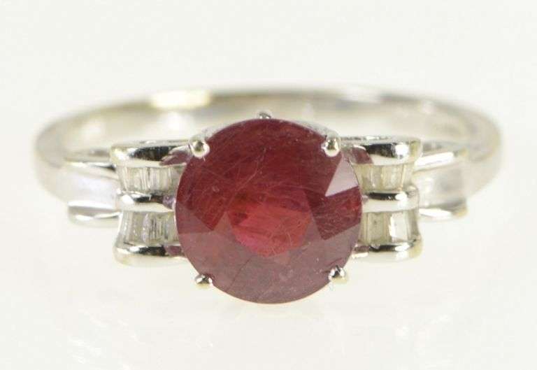 10K White Gold Natural Ruby Baguette Diamond Bow Ring