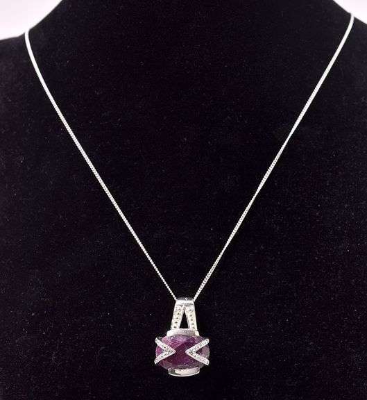 Sterling Silver Ruby and Diamond Pendant Necklace