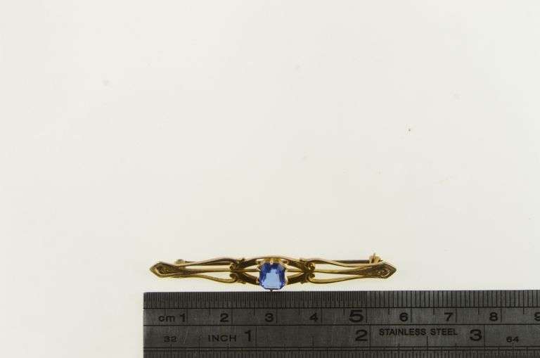 10K Yellow Gold Art Nouveau Sim. Sapphire Ornate Bar Pin/Brooch