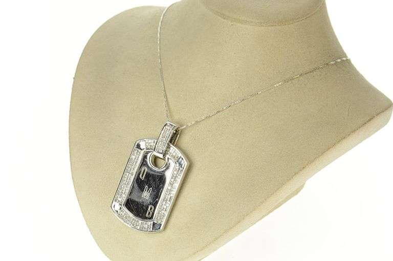 14K White Gold 3.09 Ctw Princess Diamond Monogram Dog Tag Pendant