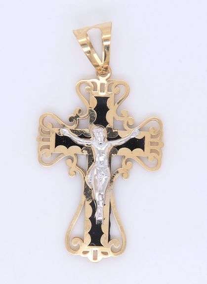 14kt Yellow gold black onyx cross crucifix pendant
