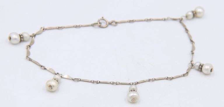 Vintage 925 sterling silver pearl dangle anklet