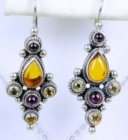 Sterling Amber Necklace & Gemstone Earrings