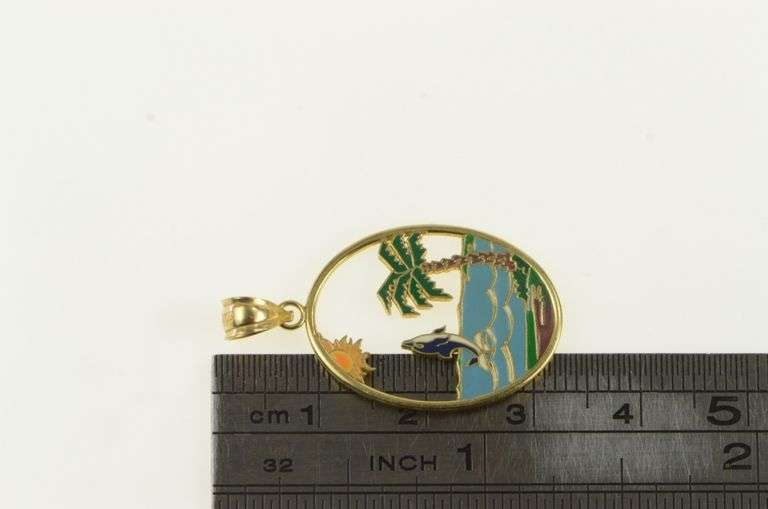14K Yellow Gold Enamel Dolphin Beach Motif Ocean Charm/Pendant