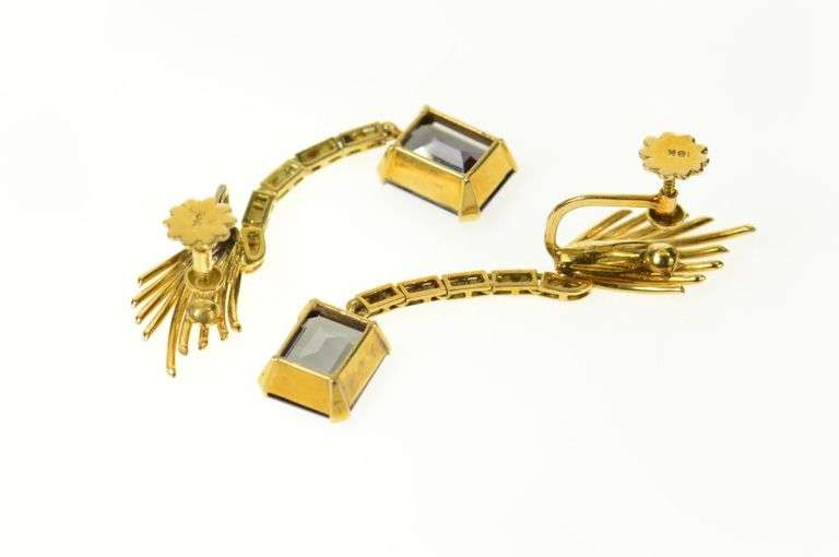 18K Yellow Gold Ornate Retro Amethyst Dangle Screw Back Earrings