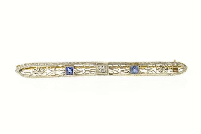 14K White Gold Art Deco Diamond Syn. Sapphire Filigree Bar Pin/Brooch