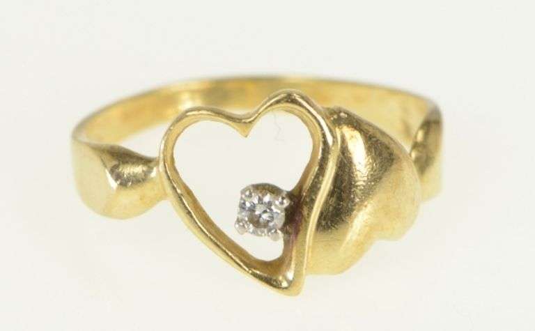 14K Yellow Gold Heart Diamond Inset Vintage Love Ring
