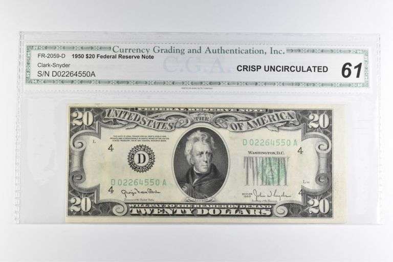 CGAI Crisp Unc 61 $20 1950 Cleveland, OH US FRN Green Seal FR-2059-D
