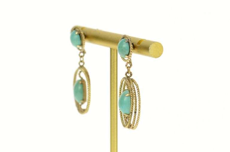 14K Yellow Gold Turquoise Rope Twist Dangle Screw Back Earrings