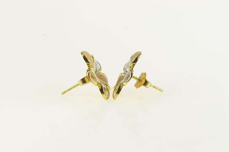 14K Yellow Gold Tri Tone Vintage Plumeria Flower Stud Earrings