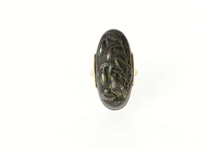 10K Yellow Gold Quail Cattail Scene Oval Domed Statement Ring
