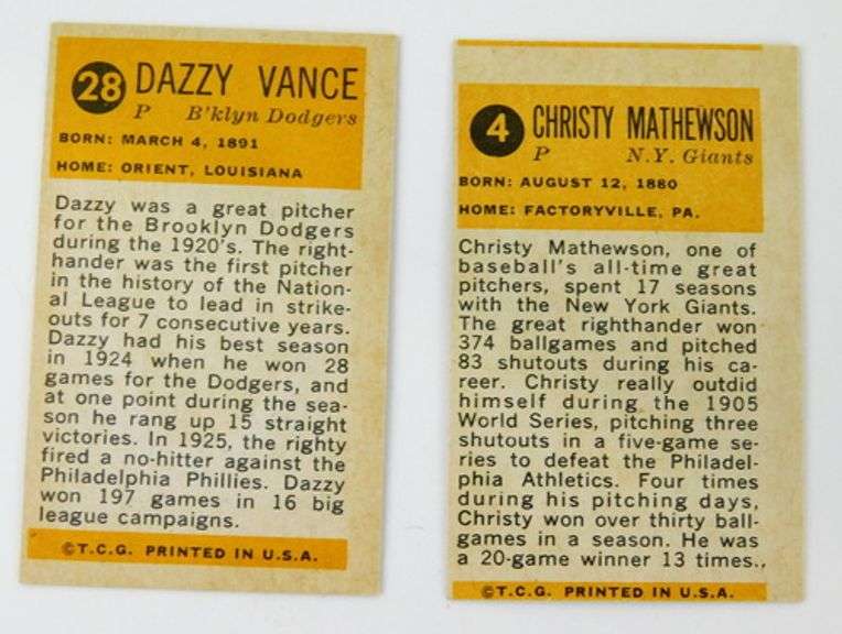 Christy Mathewson & Dazzy Vance 1963 Baseball Cards