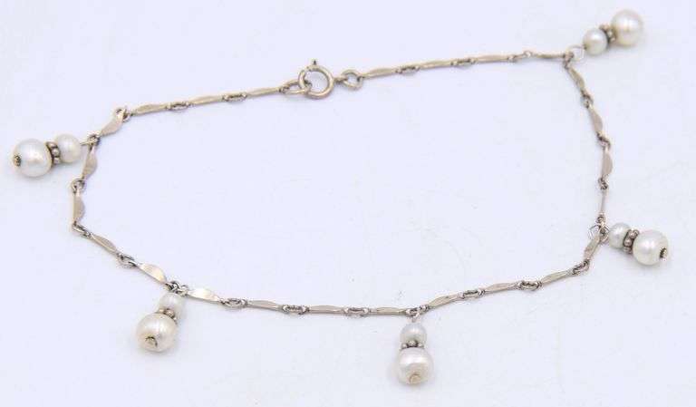Vintage 925 sterling silver pearl dangle anklet