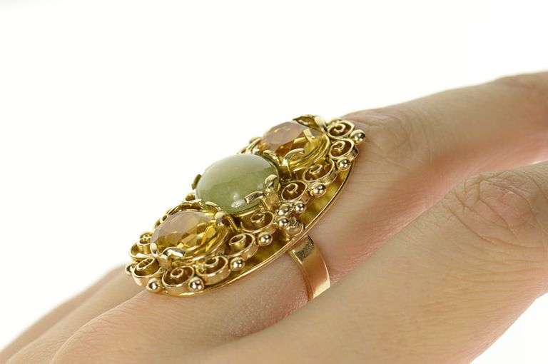14K Yellow Gold Ornate Citrine Jadeite Filigree Statement Ring