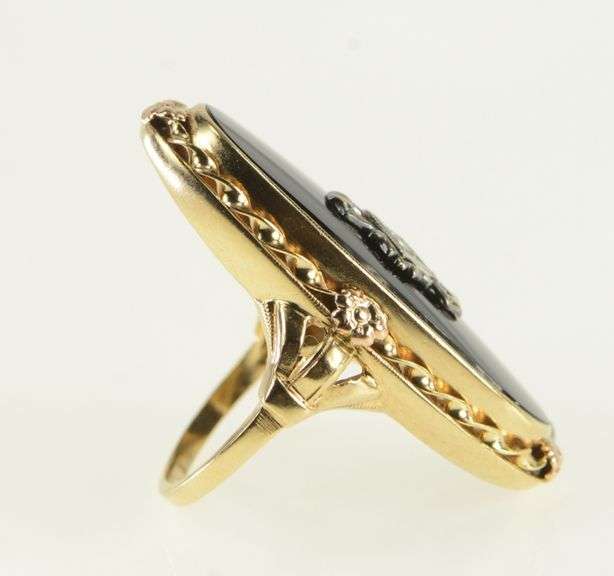10K Yellow Gold Ornate Black Onyx Diamond Statement Ring