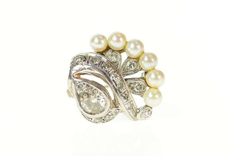 14K White Gold 0.75 Ctw Ornate 1940's Diamond Pearl Swirl Pin/Brooch