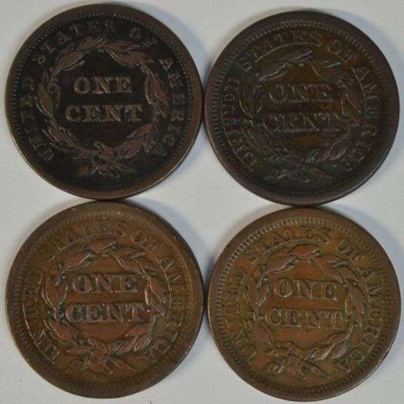 Great lot of 4 Braided Hair Large Cents in XF 1843 to 1854