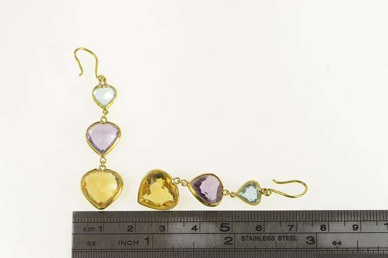 14K Yellow Gold Amethyst Topaz Citrine Heart Dangle Earrings