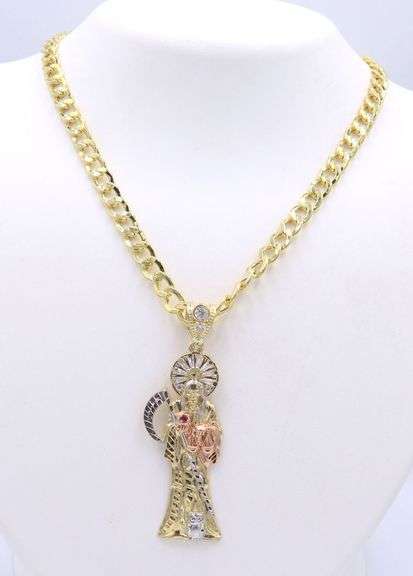 14kt Yellow gold Santa Muerte cubic zirconia pendant on chain