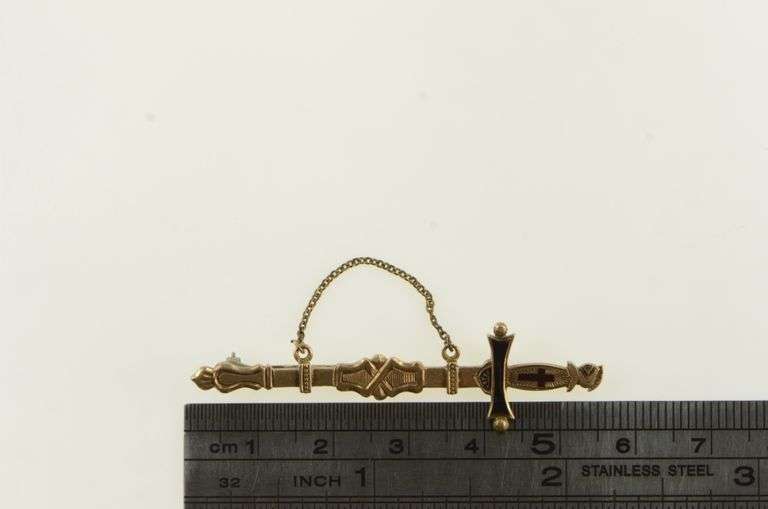 10K Yellow Gold Knights Templar Enamel Sword Chain Pin/Brooch