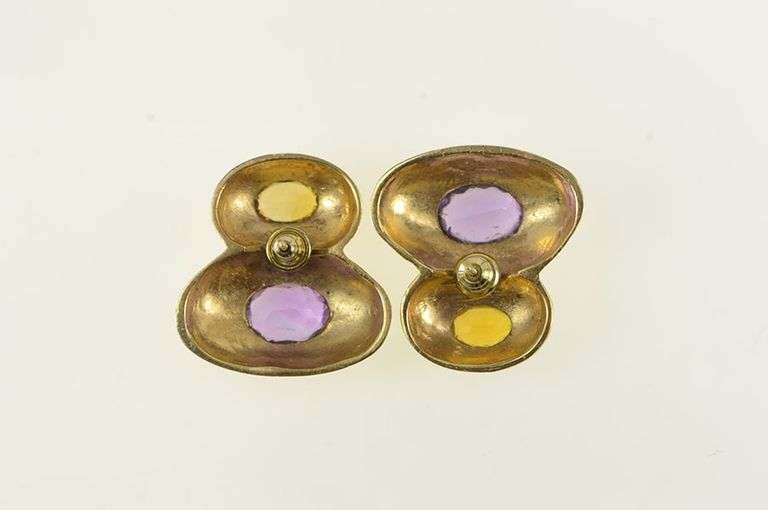 14K Yellow Gold Amethyst Citrine Vintage Geometric Earrings