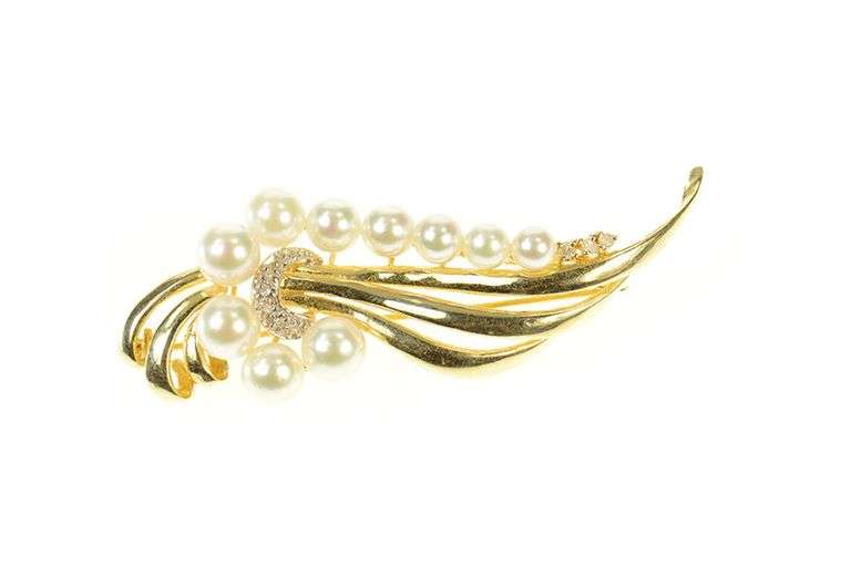14K Yellow Gold Retro Pearl Diamond Accent Swirl Wavy Pin/Brooch