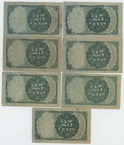 Great lot of Seven (7) 1874 5th Issue 25c Fractional Currency Notes. Nice