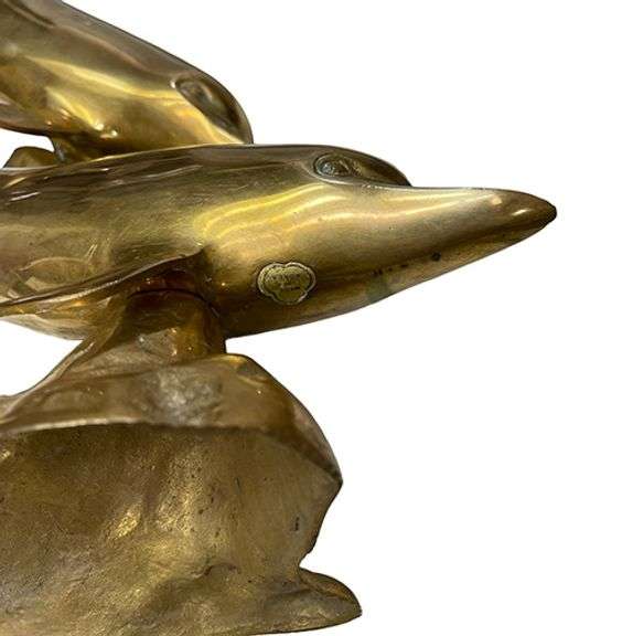 1970s Hollywood Regency Solid Brass Swimming Dolphins Sculpture 16 Inch