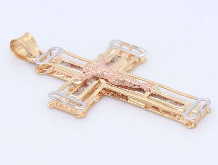 14kt Tri color gold crucifix cross cubic zirconia pendant