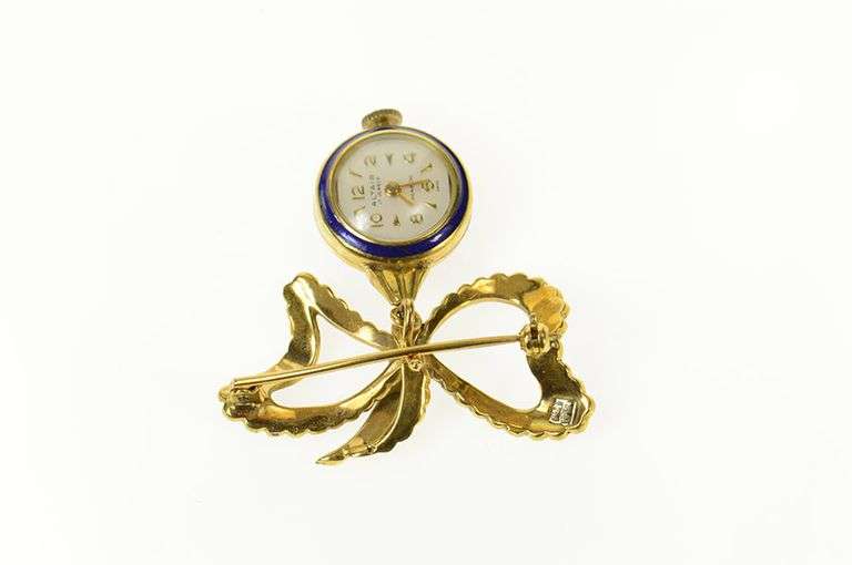 18K Yellow Gold Altair Victorian Blue Enamel Watch Bow Pin/Brooch