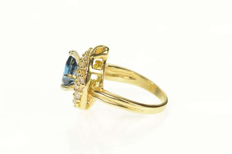14K Yellow Gold Pear Blue Topaz Diamond Pave Accent Ring