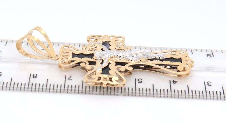 14kt Yellow gold black onyx cross crucifix pendant