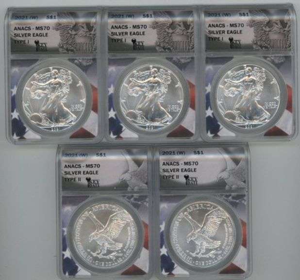 5 Perfect 2021 (W) Type I & II $1 Silver Eagles. ANACS MS70 First Strikes