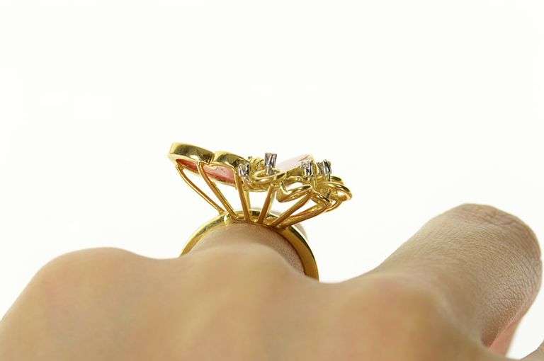 18K Yellow Gold Coral Diamond Butterfly Hinged Band Cocktail Ring